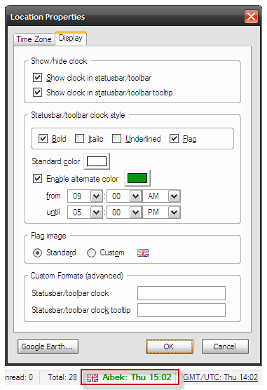 Окно свойств местоположения в FoxClocks с настройкой цвета для времени