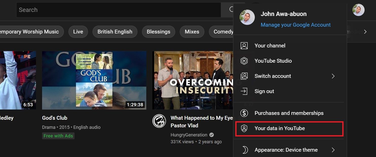 Скриншот меню профиля YouTube с раскрывающимся списком