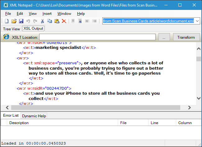 Просмотр document.xml в XML-редакторе для удобного чтения текста документа