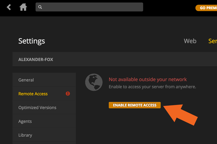 Кнопка включения удалённого доступа в Plex