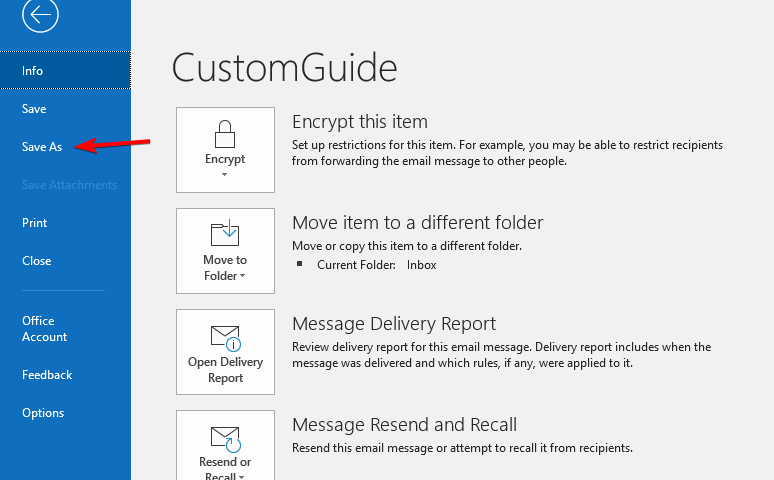 Скриншот: меню Сохранить как в Outlook