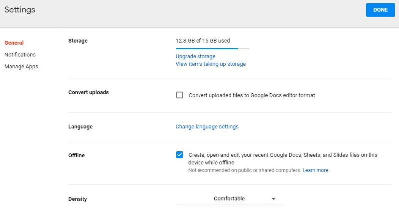 Изображение: окно настроек Google Drive с пунктом просмотра занятых элементов
