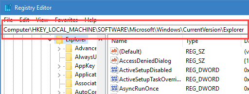 Переход к ключу Explorer в реестре Windows