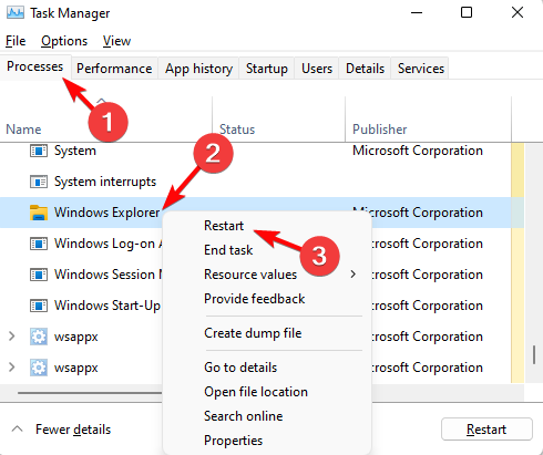Перезапуск проводника Windows в диспетчере задач