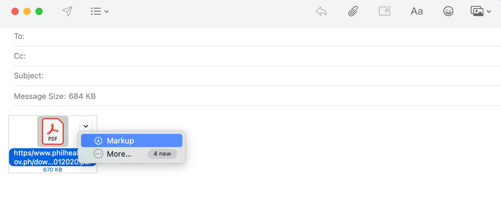 Редактирование вложения письма с помощью Markup