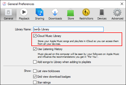 Во вкладке General настроек iTunes установите флажок iCloud Music Library