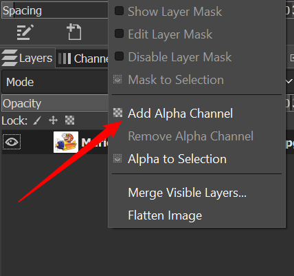 Нажмите «Добавить альфа-канал»