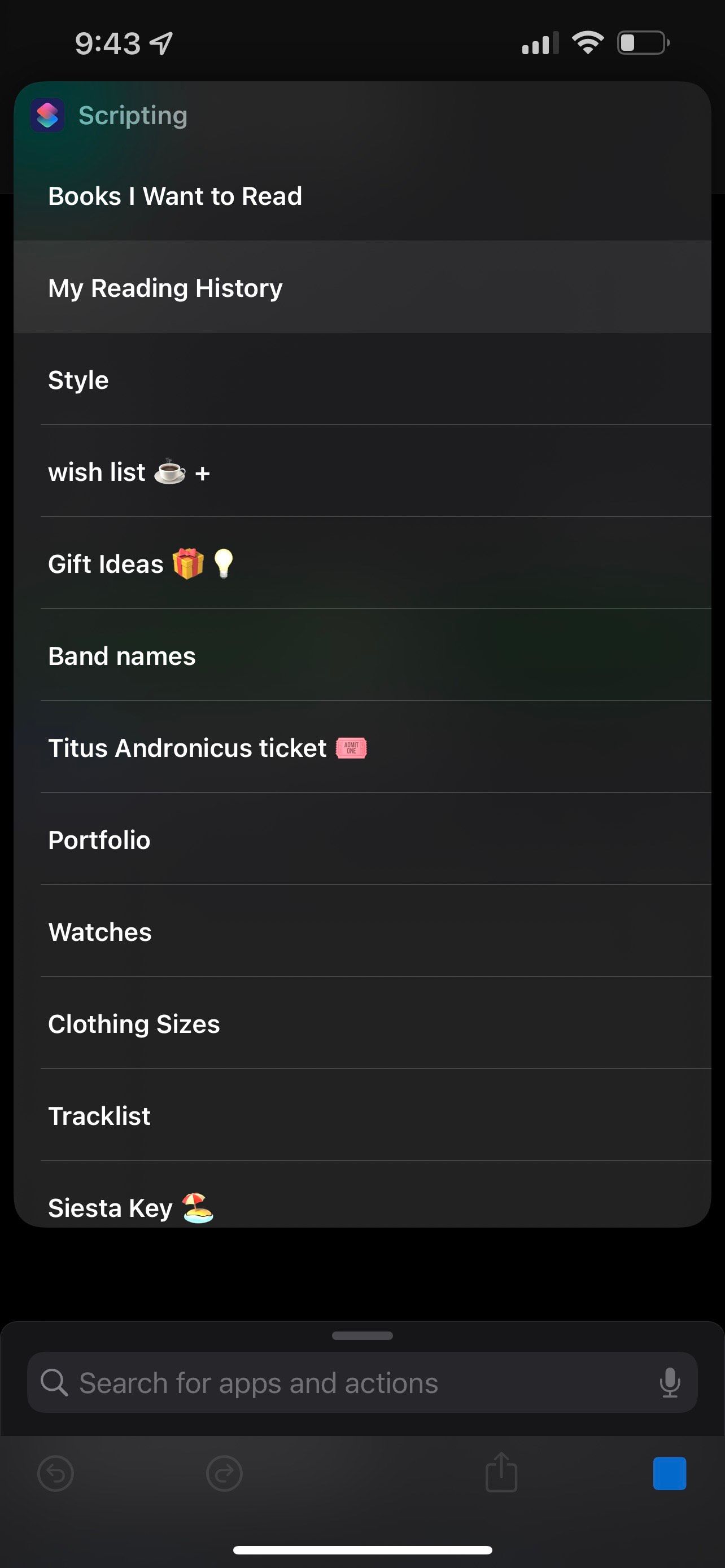 список заметок в Shortcuts