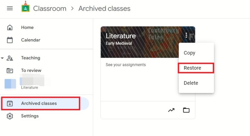 Нажатие на опцию восстановления класса в Google Classroom на ПК.