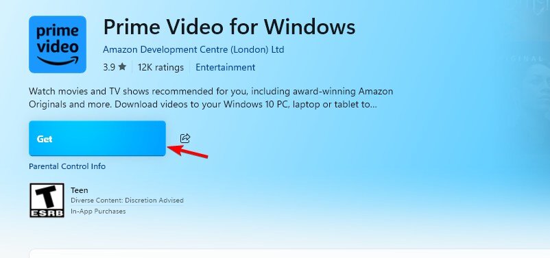 Bouton Obtenir/Installer pour Amazon Prime Video