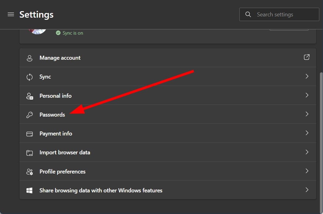 Опция Пароли в профиле Edge