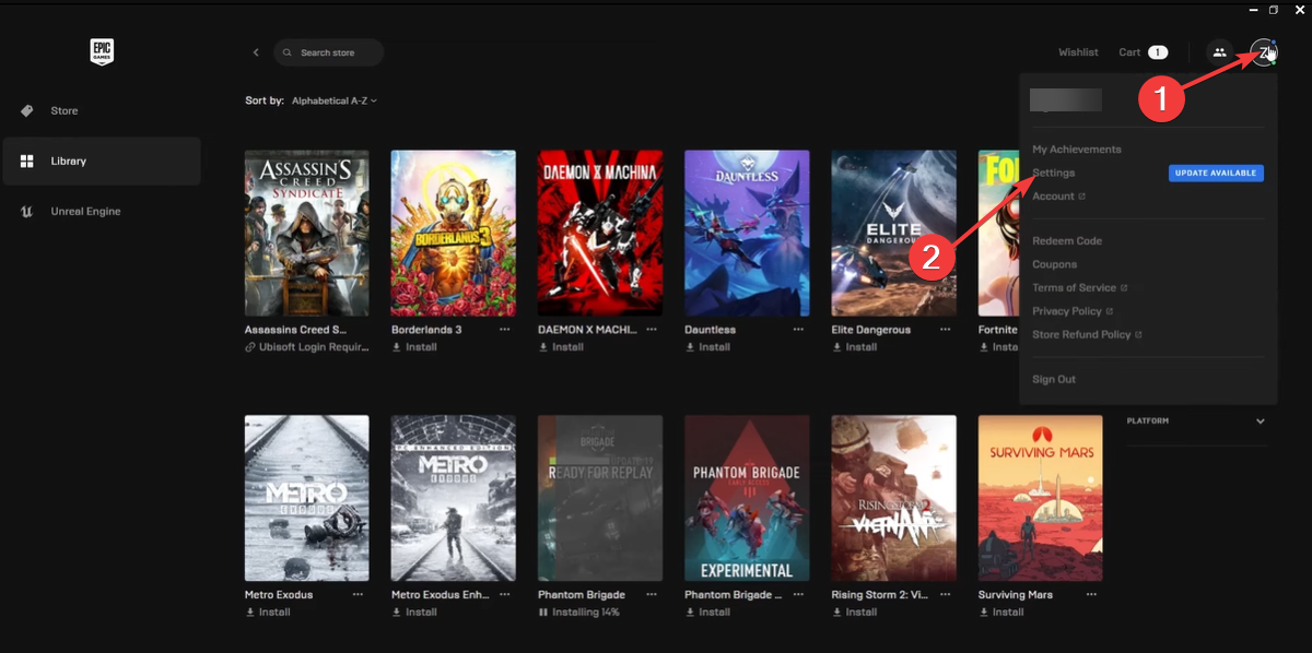 Профиль в Epic Games Launcher — меню 'Настройки'