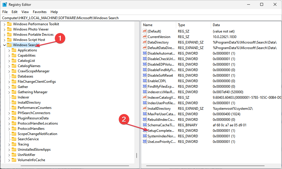 Редактор реестра — путь HKEY_LOCAL_MACHINESOFTWAREMicrosoftWindows Search