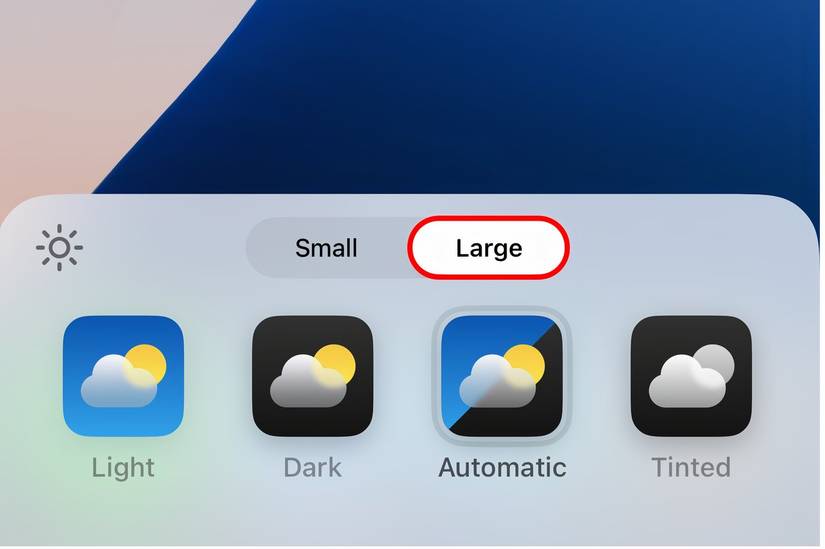 La schermata Home in modalità modifica con l'opzione grande per le icone selezionata.