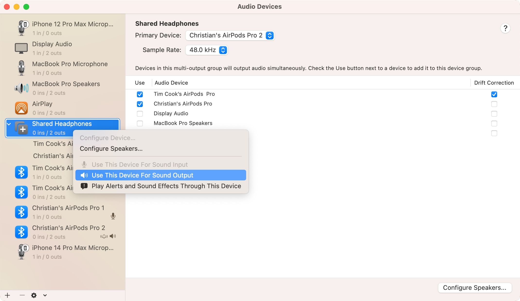 Audio MIDI Setup на macOS показывающий подключение двух пар AirPods