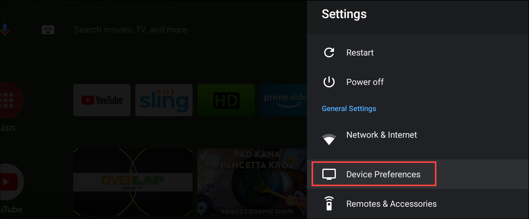 Параметры устройства Android TV