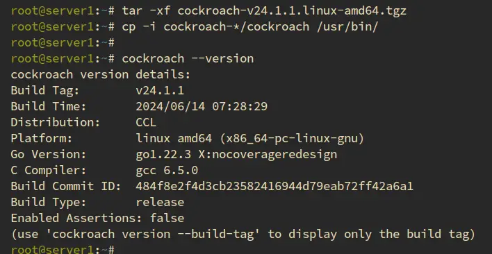 Проверка версии CockroachDB после установки бинарника