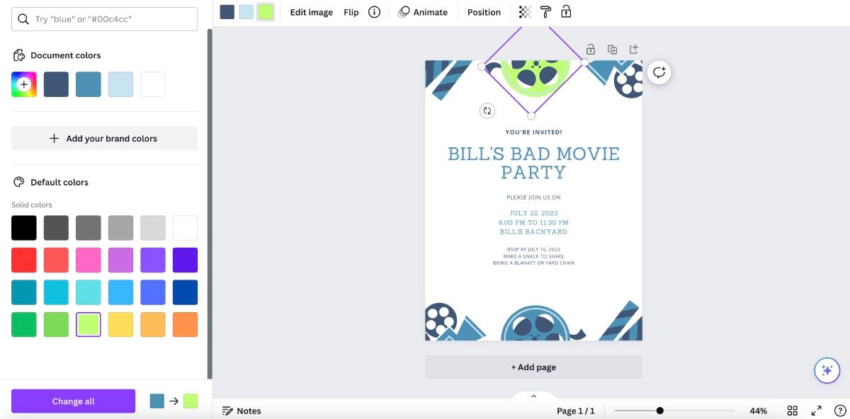 Панель выбора цвета для элемента в Canva