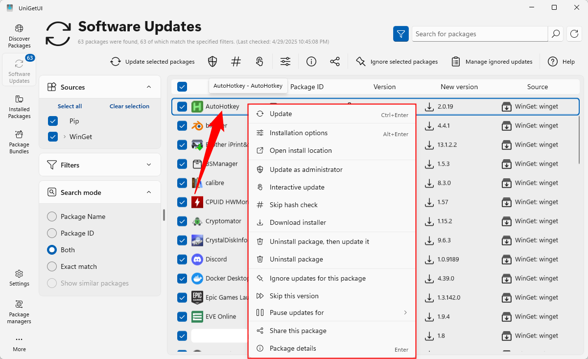 Контекстное меню UniGetUI