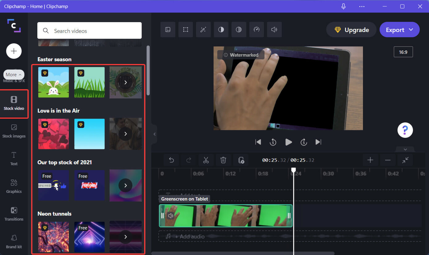 Выбор фонового видео в Clipchamp