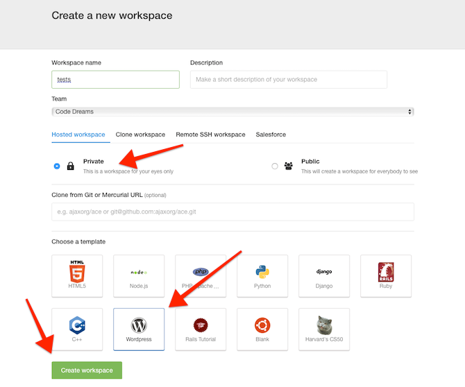 Выбор шаблона WordPress в Cloud9