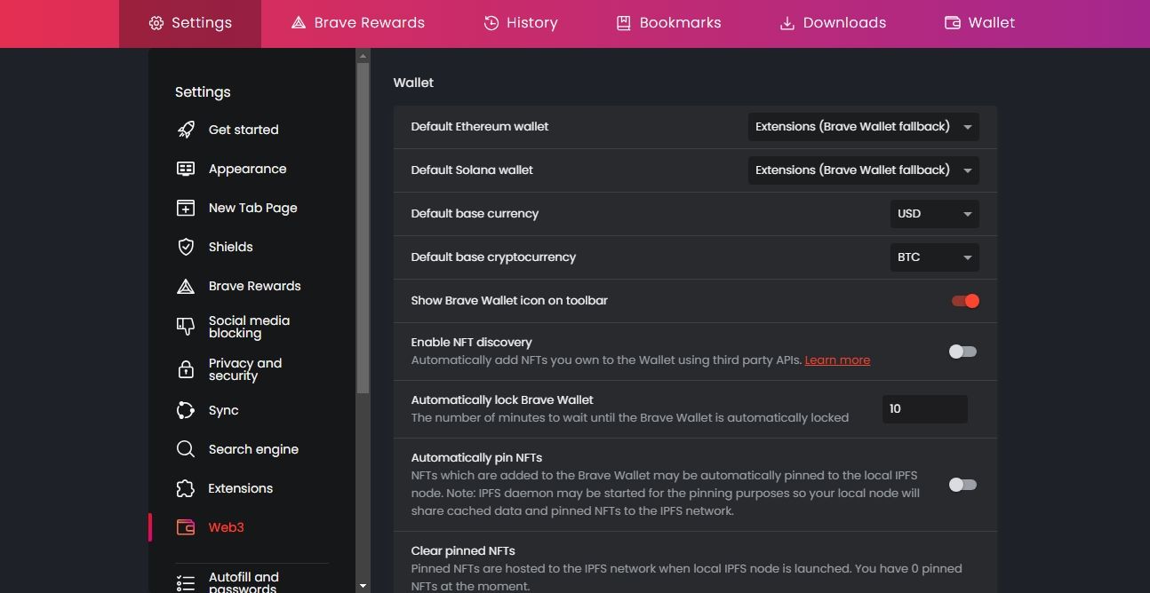 Скриншот настроек Web3 в Brave