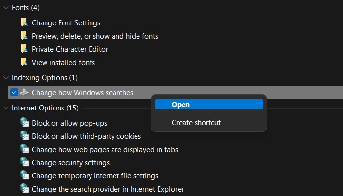 Открытие настройки из God Mode