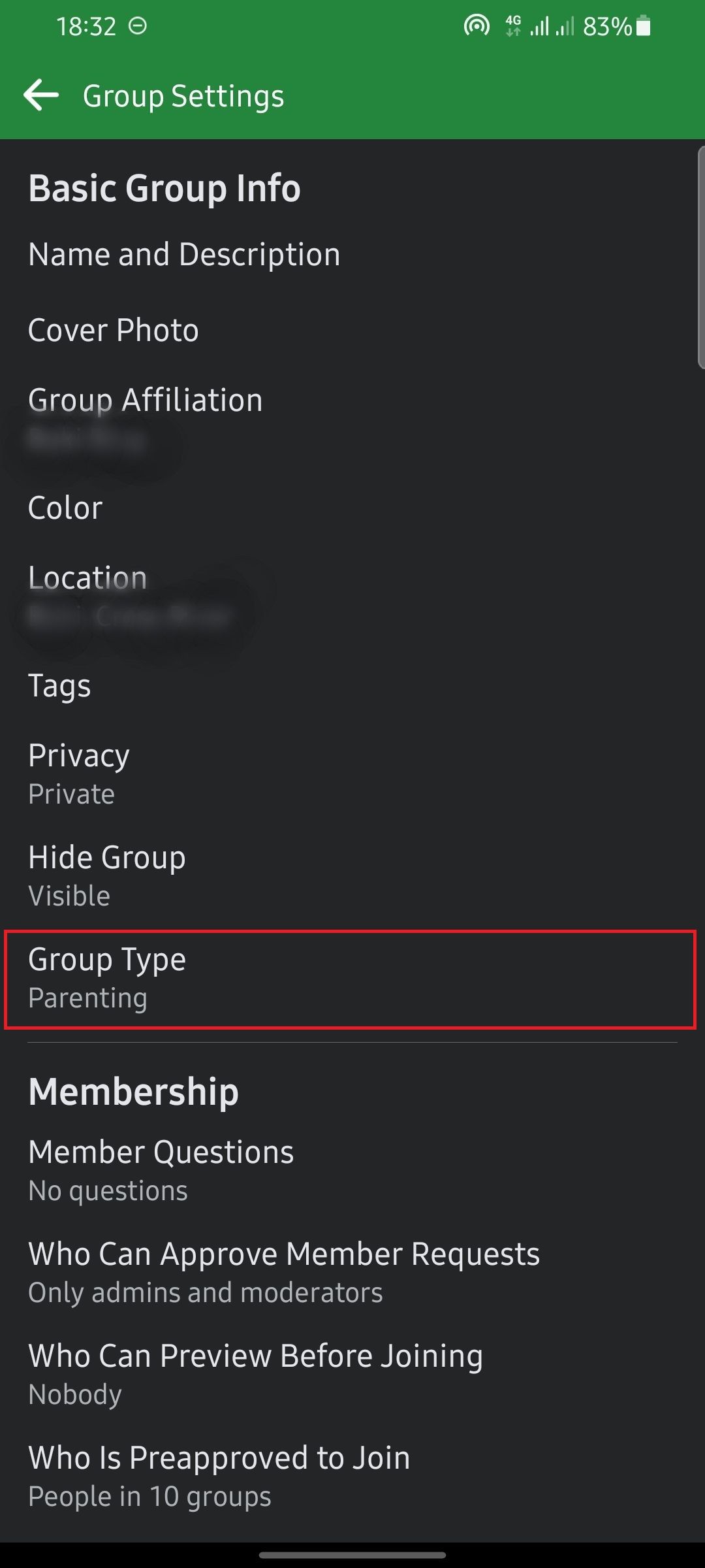 Настройки группы Facebook