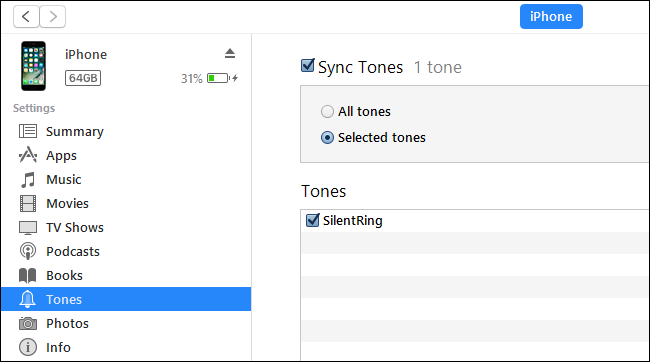Скриншот iTunes с секцией Tones и выделенным файлом рингтона
