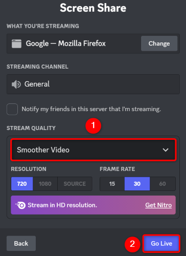 Настройте параметры и нажмите «Go Live».