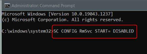 Выполнение команды для отключения службы RmSvc