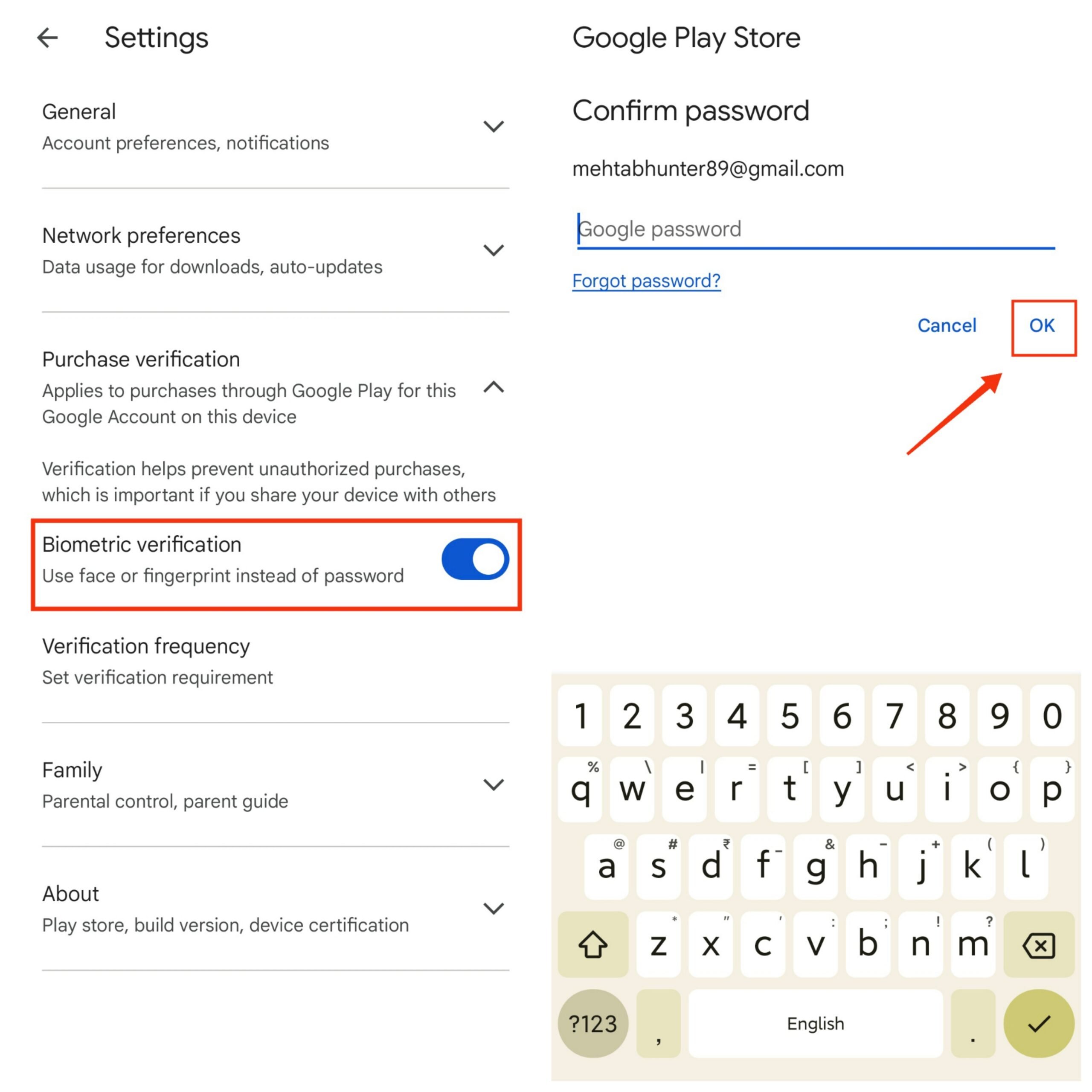 Включение биометрической проверки в Google Play — подтверждение паролем