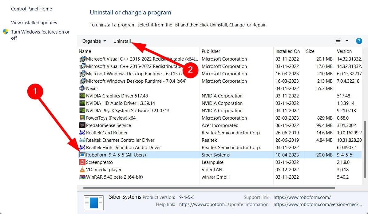 Выбор RoboForm в списке программ и кнопка Uninstall