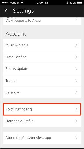 Параметр Голосовые покупки в приложении Alexa