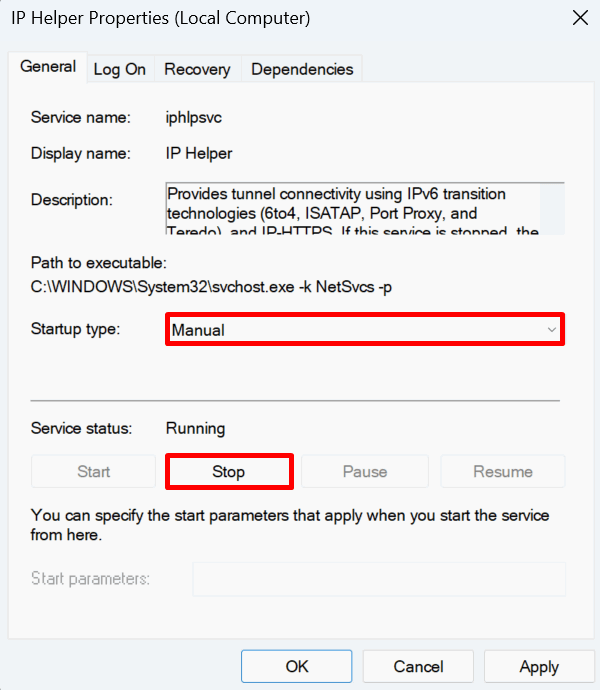 Пример нажатия «Stop» для службы IP Helper