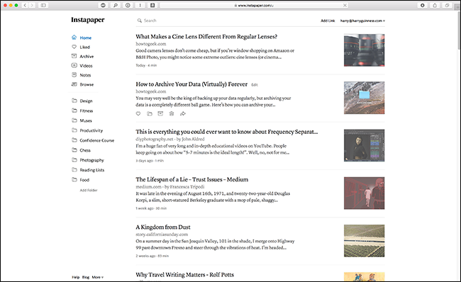 Instapaper веб-интерфейс с доступными статьями при подключенном VPN