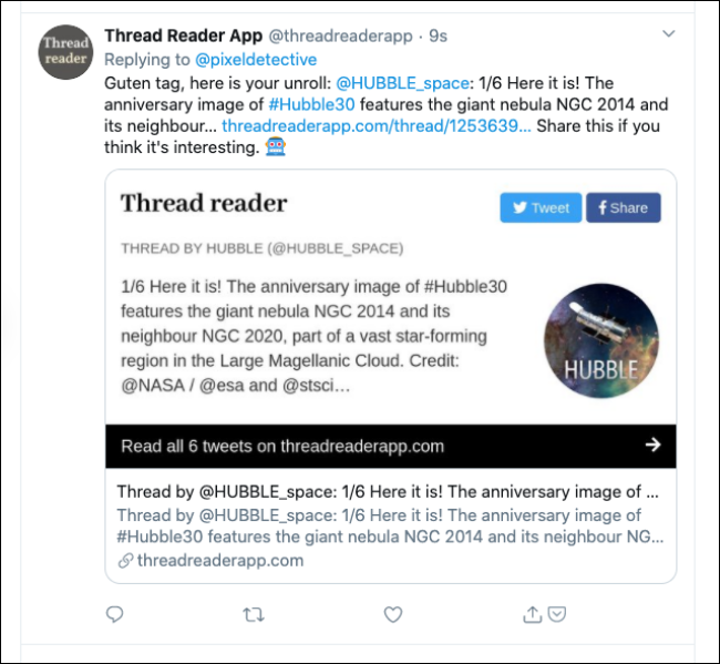 Ответ Thread Reader App с ссылкой на развернутый тред