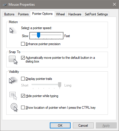Вкладка 'Параметры указателя' — скорость, усиление точности, видимость