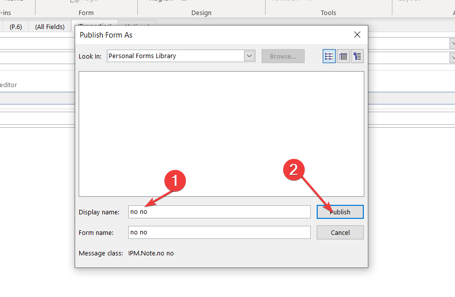 Диалог публикации формы — дать имя и место