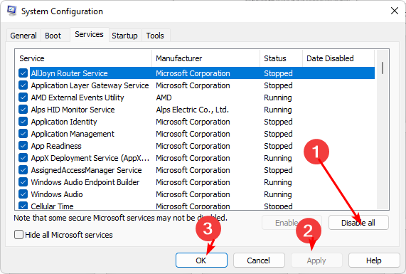 Кнопка отключения всех несистемных служб