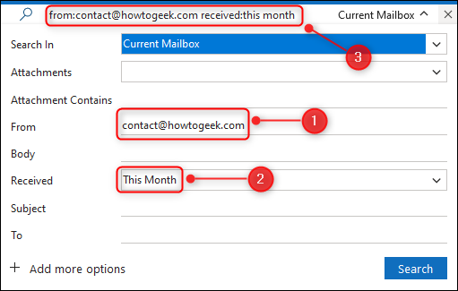 The Search box showing filter options.