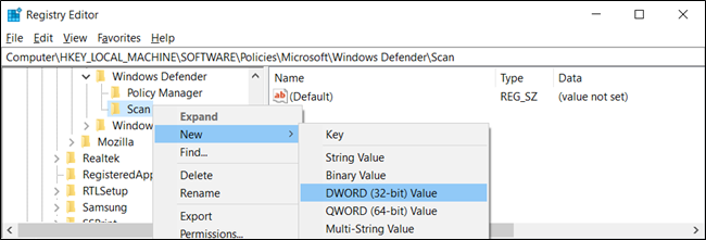 Создание DWORD (32-bit) под ключом Scan в реестре