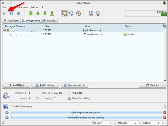 Интерфейс jDownloader с вкладками LinkGrabber и Download