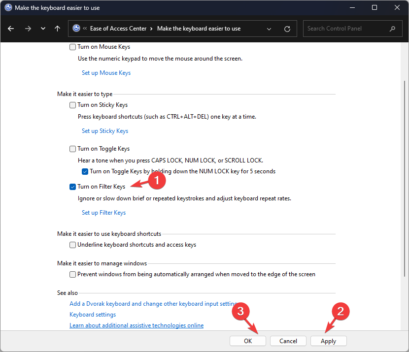 Включить Фильтрацию ввода в Панели управления