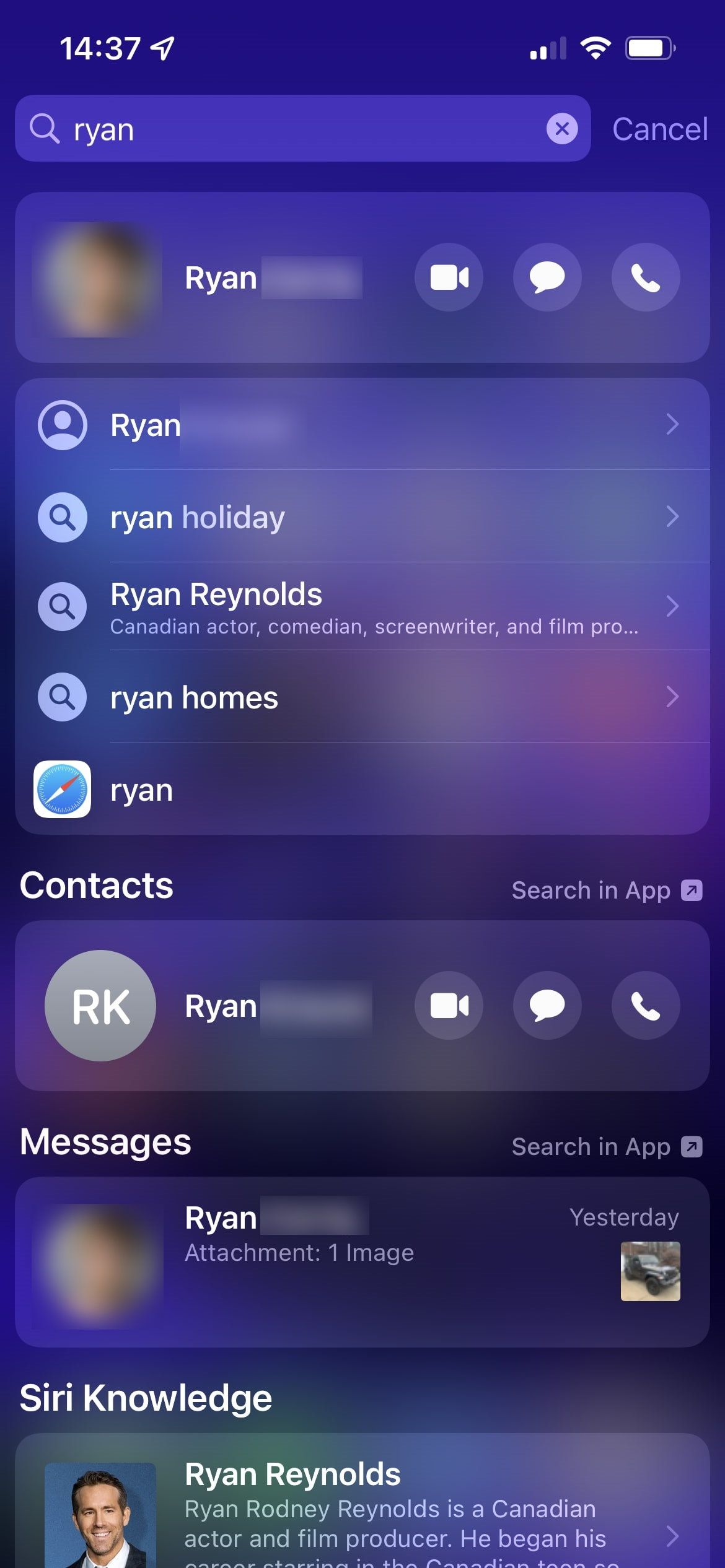 Контакты и люди в результатах Spotlight
