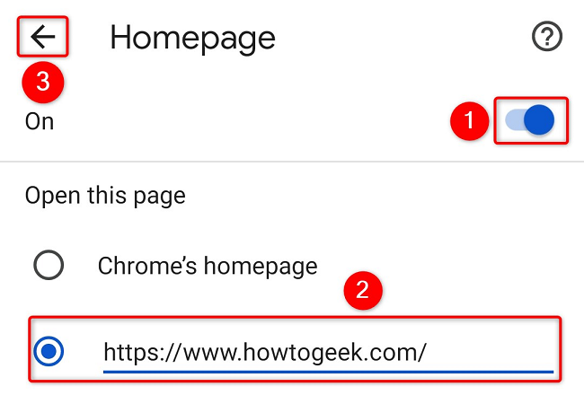 Поле ввода URL домашней страницы в мобильном Chrome.