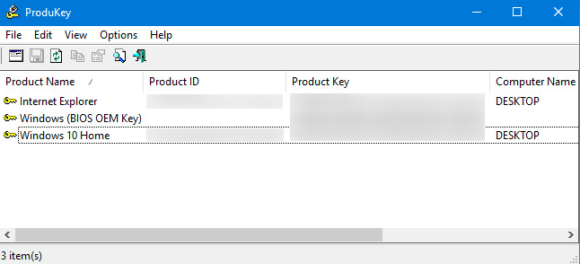 Окно утилиты для поиска ключа продукта Windows