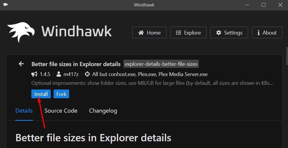 Кнопка Install в приложении Windhawk.