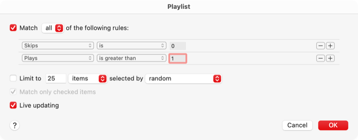 Добавление нескольких правил в умный плейлист в Музыке