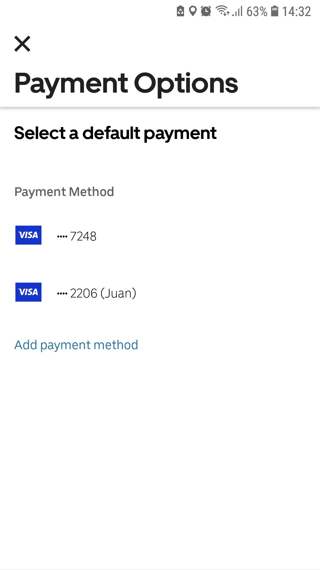 Экран приложения Uber — выбор способа оплаты по умолчанию